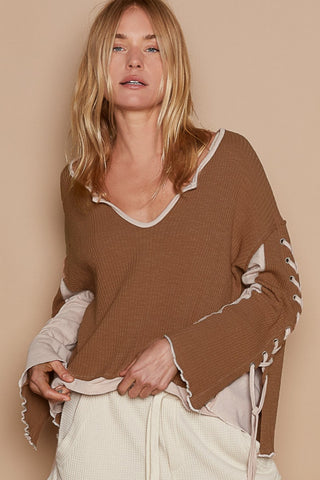 POL Lace-Up Sleeve Color Block Ribbed Knit Top Top POL Lace-Up Sleeve Color Block Ribbed Knit Top Top