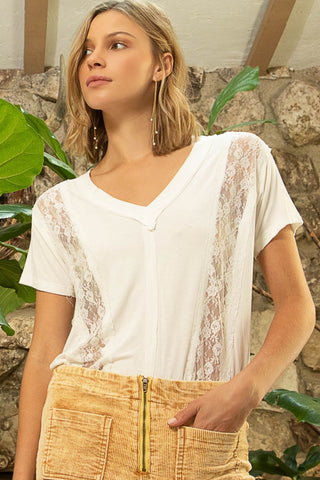 POL Inset Lace Outseam Detail Short Sleeve V-Neck T-Shirt Ivory Top POL Inset Lace Outseam Detail Short Sleeve V-Neck T-Shirt Ivory Top