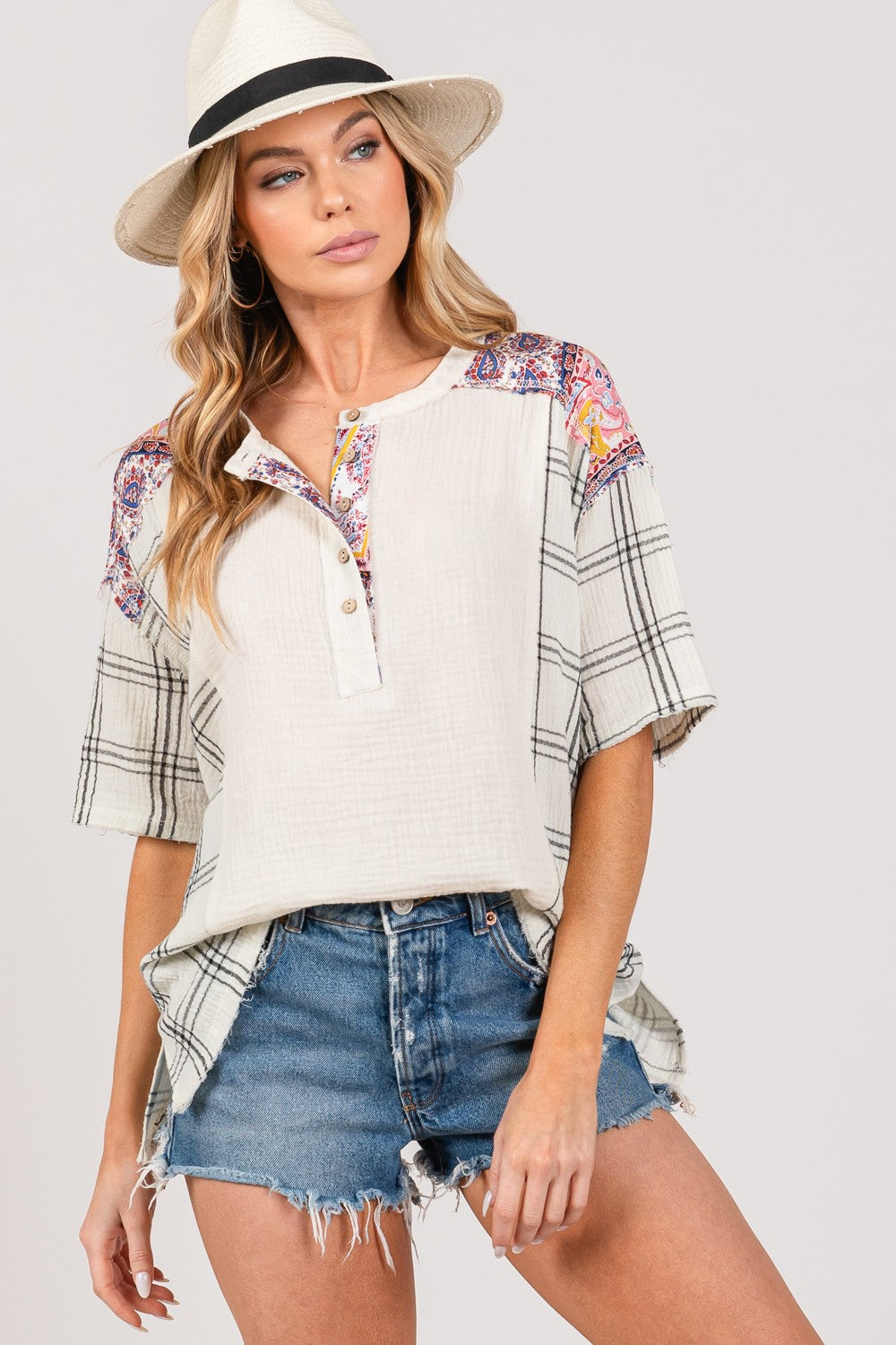 SAGE + FIG Plaid Half Button Gauze Top Top SAGE + FIG Plaid Half Button Gauze Top Top
