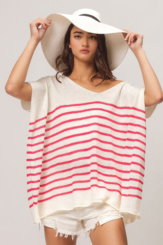 BiBi V Neck Striped Short Sleeve Top Fuchsia Top BiBi V Neck Striped Short Sleeve Top Fuchsia Top