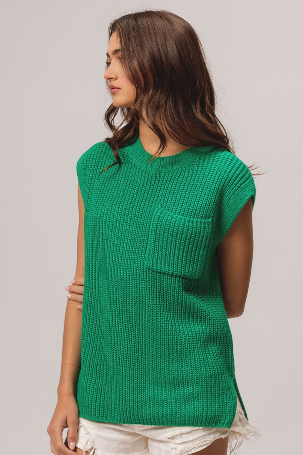 BiBi Patch Pocket Cap Sleeve Sweater Top Sweater BiBi Patch Pocket Cap Sleeve Sweater Top Sweater