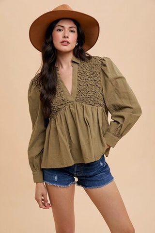 Smocked Front Long Sleeve Babydoll Blouse Top Smocked Front Long Sleeve Babydoll Blouse Top