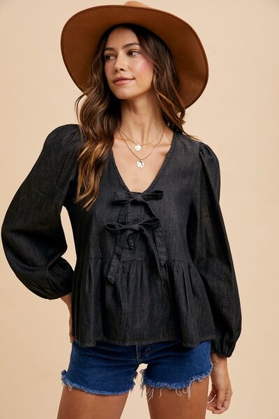Tie Front Peplum Long Sleeve Denim Top shirt Tie Front Peplum Long Sleeve Denim Top shirt
