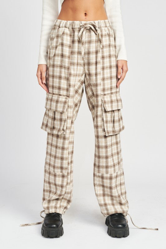 Plaid Cargo Pants IVORY BROWN FLANNEL Pants Plaid Cargo Pants IVORY BROWN FLANNEL Pants