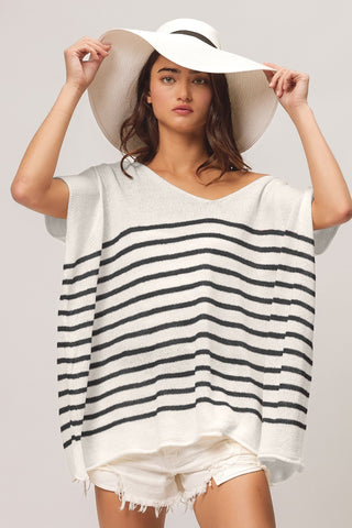 BiBi V Neck Striped Short Sleeve Top Black top BiBi V Neck Striped Short Sleeve Top Black top