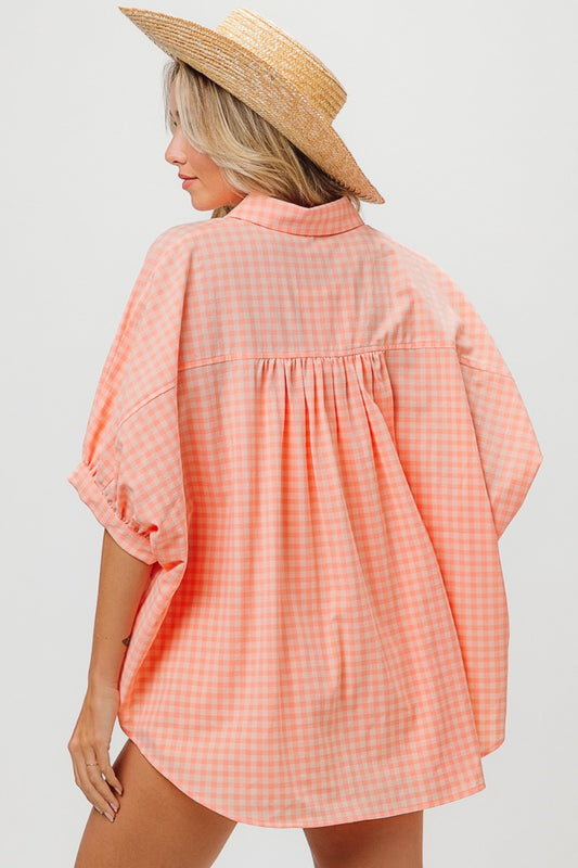 BiBi Plaid Button Up Dolman Sleeve Shirt Shirt