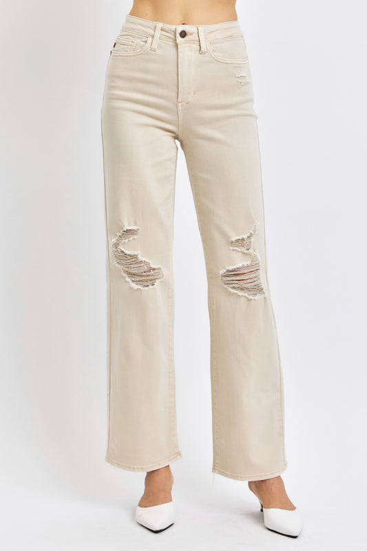 Judy Blue Full Size High Waist Distressed Wide Leg Jeans BONE Jeans