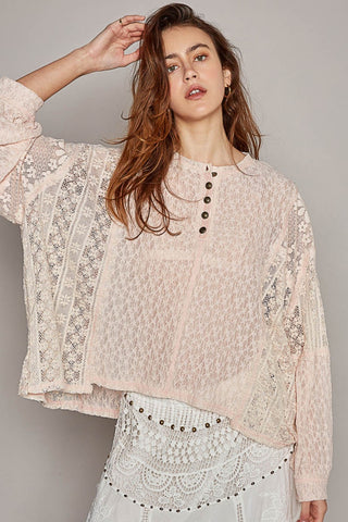 POL Round Neck Long Sleeve Raw Edge Lace Top Blush Top POL Round Neck Long Sleeve Raw Edge Lace Top Blush Top
