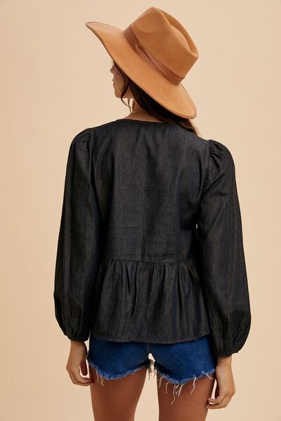 Tie Front Peplum Long Sleeve Denim Top shirt Tie Front Peplum Long Sleeve Denim Top shirt