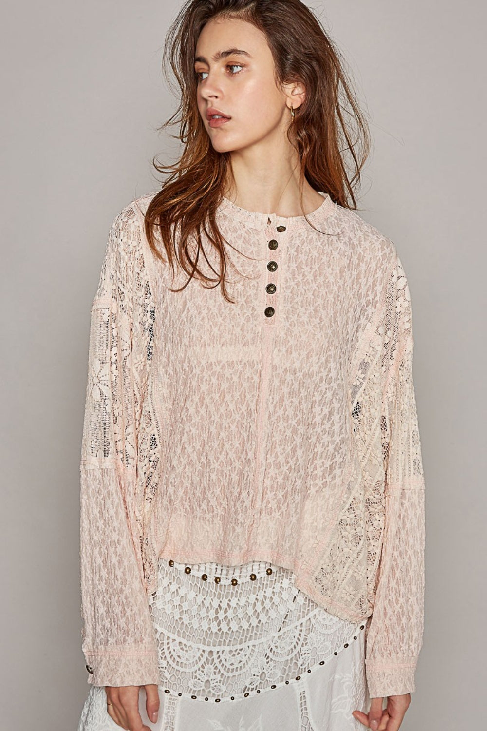 POL Round Neck Long Sleeve Raw Edge Lace Top Top POL Round Neck Long Sleeve Raw Edge Lace Top Top