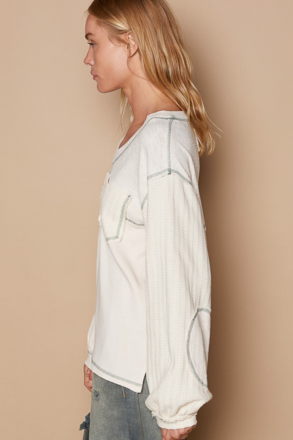 POL V-Neck knit Panel Exposed Seam Top Top POL V-Neck knit Panel Exposed Seam Top Top