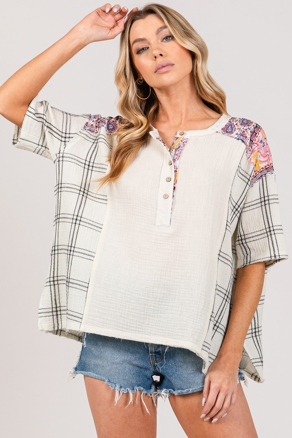 SAGE + FIG Plaid Half Button Gauze Top Top SAGE + FIG Plaid Half Button Gauze Top Top