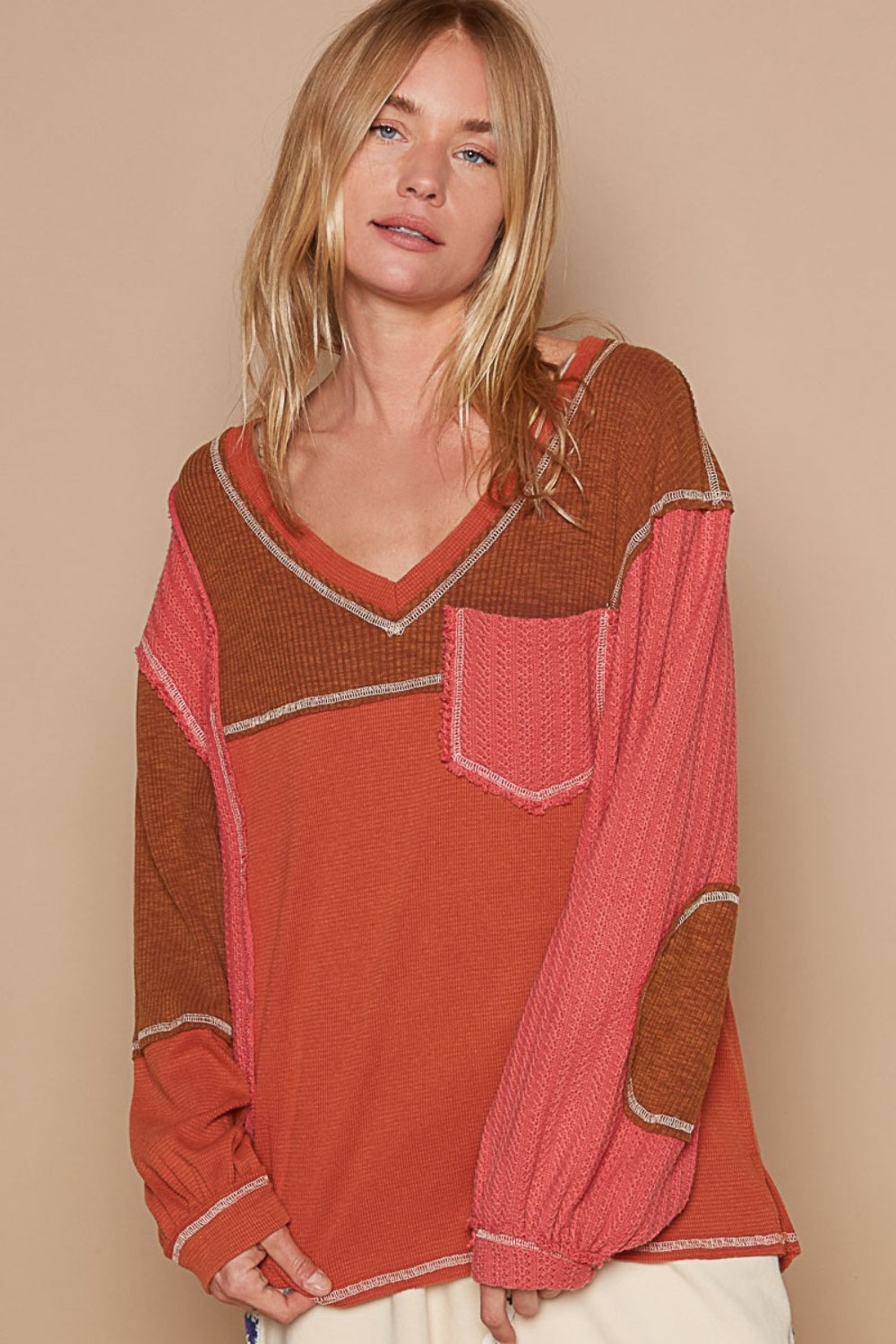 POL V-Neck Knit Panel Exposed Seam Top Brick Top POL V-Neck Knit Panel Exposed Seam Top Brick Top