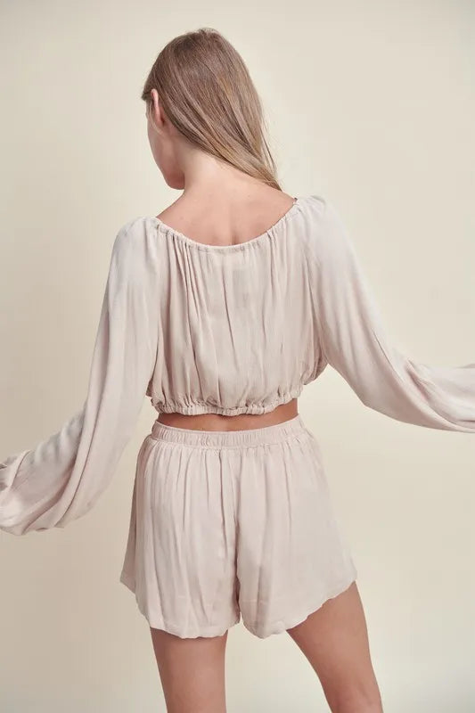 Gauze Long Sleeve Button Crop Top and Short Set Pant and Top Set