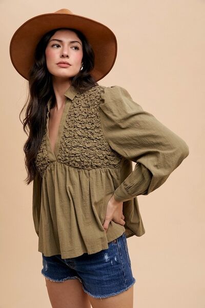 Smocked Front Long Sleeve Babydoll Blouse Top Smocked Front Long Sleeve Babydoll Blouse Top