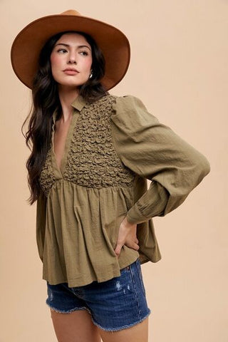 Smocked Front Long Sleeve Babydoll Blouse Top Smocked Front Long Sleeve Babydoll Blouse Top