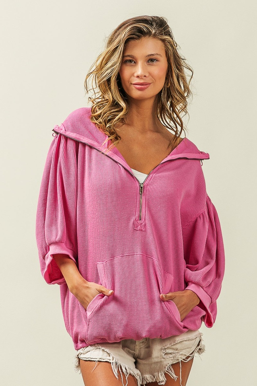 BiBi Waffle-Knit Half Zip Hooded Top top BiBi Waffle-Knit Half Zip Hooded Top top