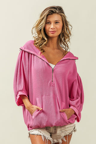 BiBi Waffle-Knit Half Zip Hooded Top top BiBi Waffle-Knit Half Zip Hooded Top top