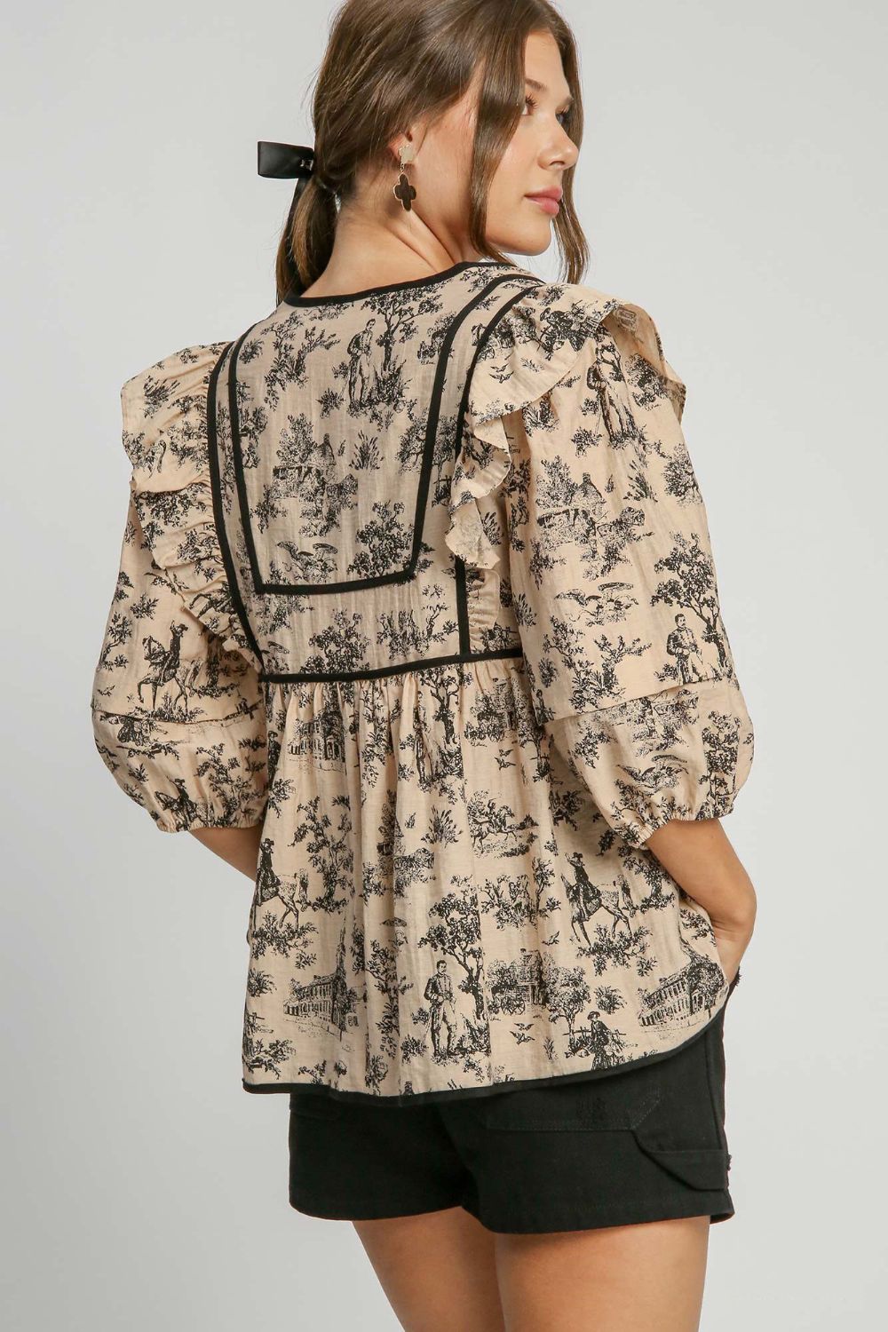 Umgee Ruffled Tie Neck Puff Sleeve Babydoll Blouse Top Umgee Ruffled Tie Neck Puff Sleeve Babydoll Blouse Top