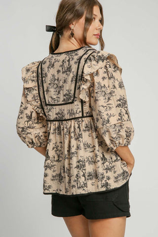 Umgee Ruffled Tie Neck Puff Sleeve Babydoll Blouse Top Umgee Ruffled Tie Neck Puff Sleeve Babydoll Blouse Top