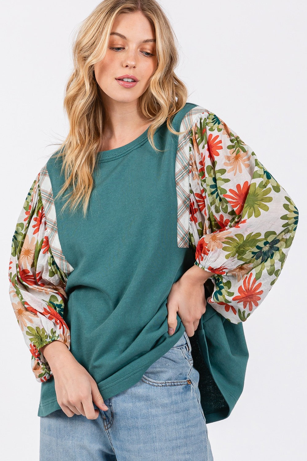 Printed Balloon Sleeve Contrast Top top Printed Balloon Sleeve Contrast Top top