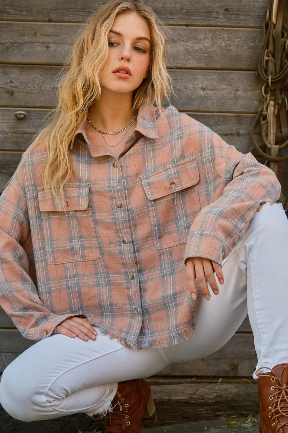 Plaid Button Up Raw Hem Shirt Shirt Plaid Button Up Raw Hem Shirt Shirt