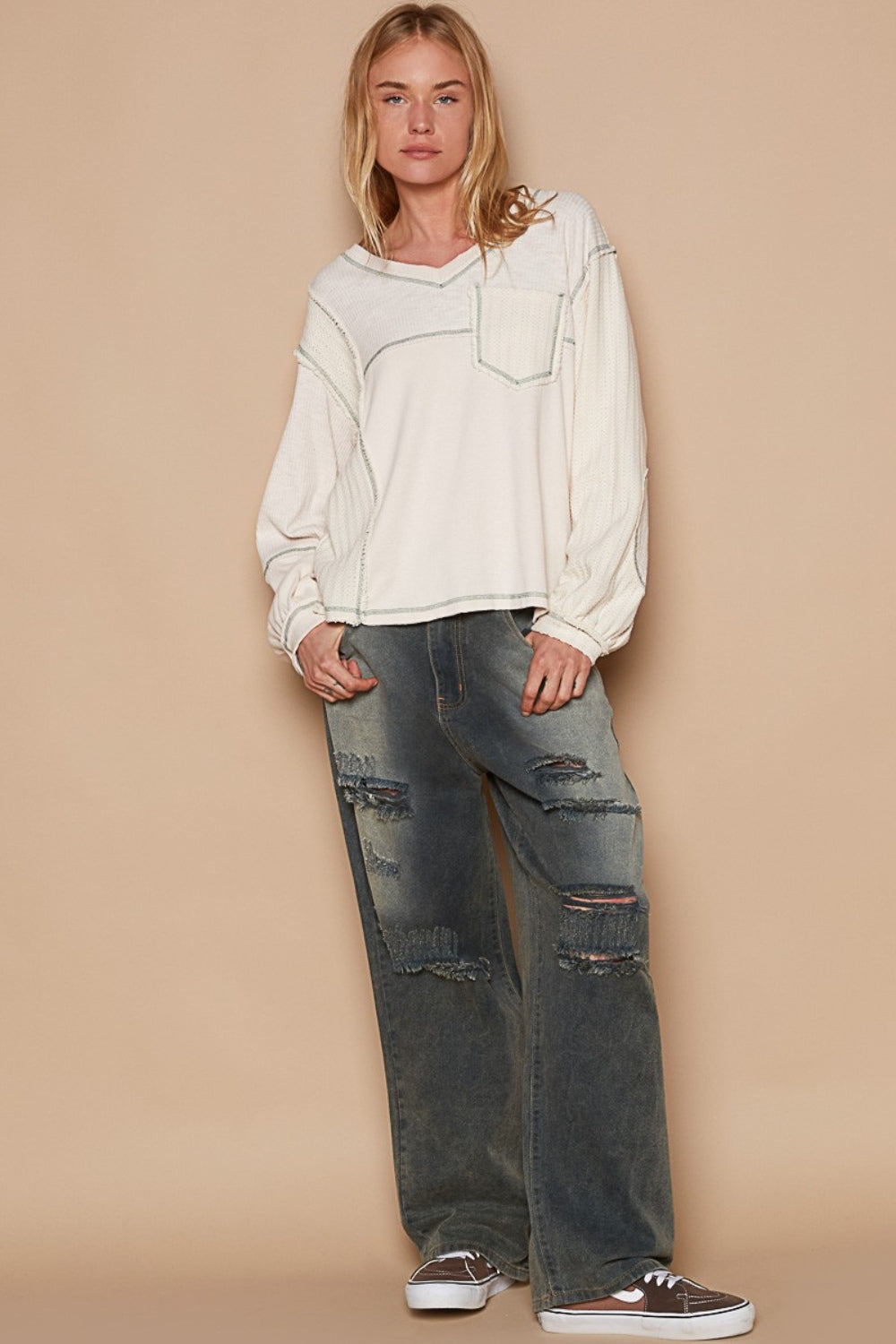 POL V-Neck knit Panel Exposed Seam Top Top POL V-Neck knit Panel Exposed Seam Top Top