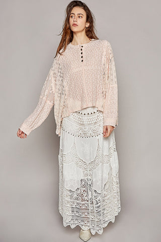 POL Round Neck Long Sleeve Raw Edge Lace Top Top POL Round Neck Long Sleeve Raw Edge Lace Top Top