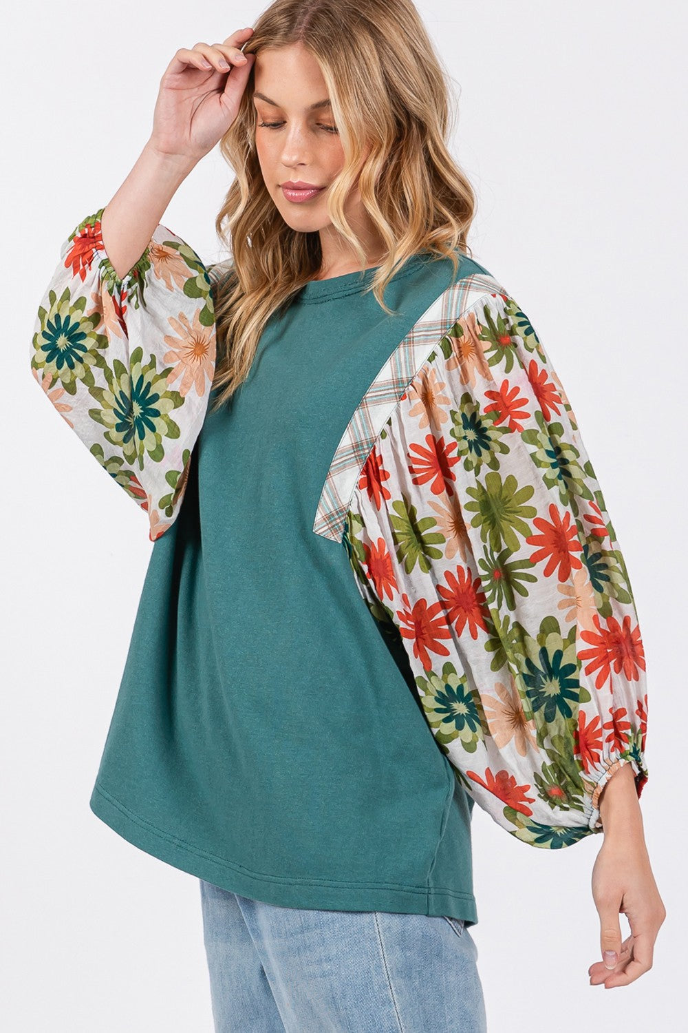 Printed Balloon Sleeve Contrast Top top Printed Balloon Sleeve Contrast Top top