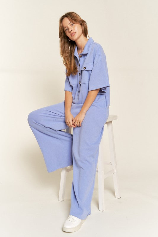 Basic Collar Shirt Wide leg Jumpsuit BLUE PURPLE Jumpsuits and Rompers