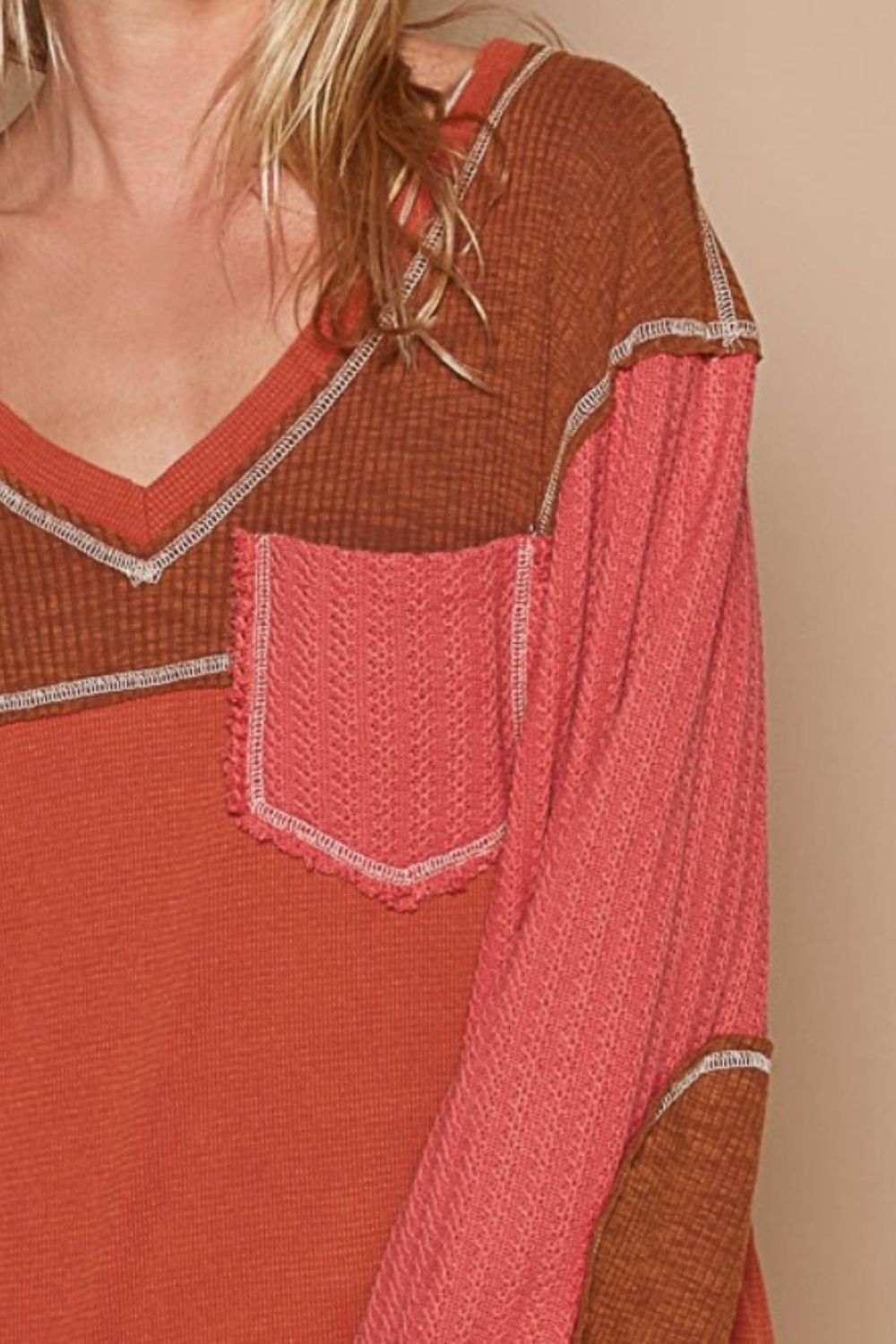 POL V-Neck Knit Panel Exposed Seam Top Top POL V-Neck Knit Panel Exposed Seam Top Top