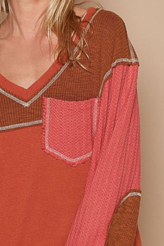 POL V-Neck Knit Panel Exposed Seam Top Top POL V-Neck Knit Panel Exposed Seam Top Top