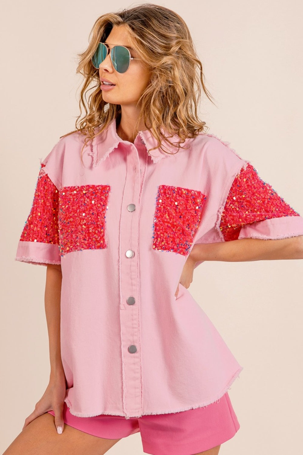 BiBi Sequin Detail Raw Hem Short Sleeve Shirt Shirt BiBi Sequin Detail Raw Hem Short Sleeve Shirt Shirt