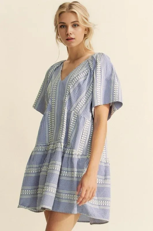 Embroidered Stripe Ruffled Gingham Mini Dress Dress