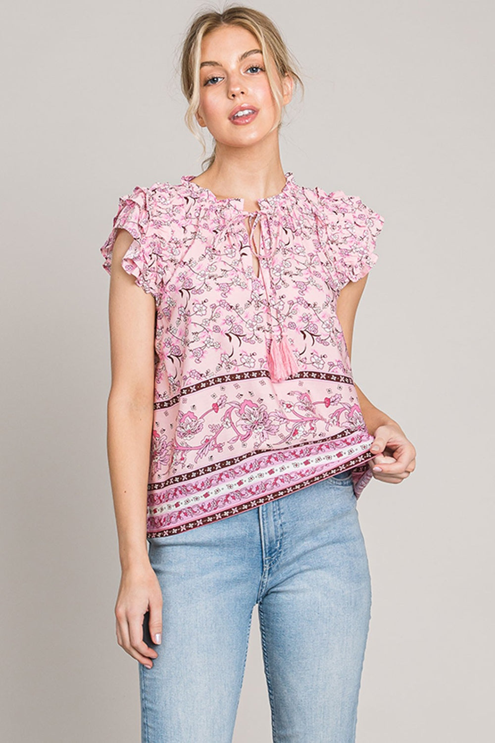 Cotton Bleu by Nu Lab Print Ruffle Sleeve Detail Blouse Pink Top Cotton Bleu by Nu Lab Print Ruffle Sleeve Detail Blouse Pink Top