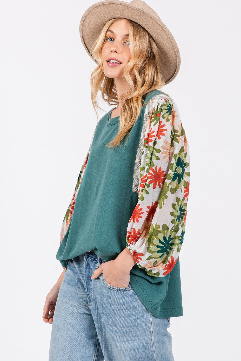 Printed Balloon Sleeve Contrast Top top Printed Balloon Sleeve Contrast Top top