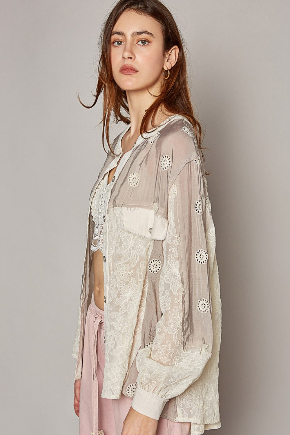 POL Eyelet Button Up Shirt Top POL Eyelet Button Up Shirt Top
