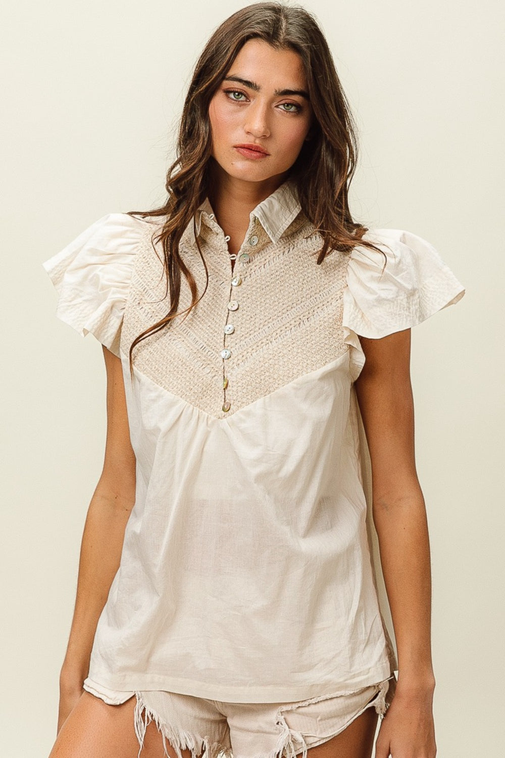 BiBi Half Button Collared Neck Short Sleeve Top top BiBi Half Button Collared Neck Short Sleeve Top top