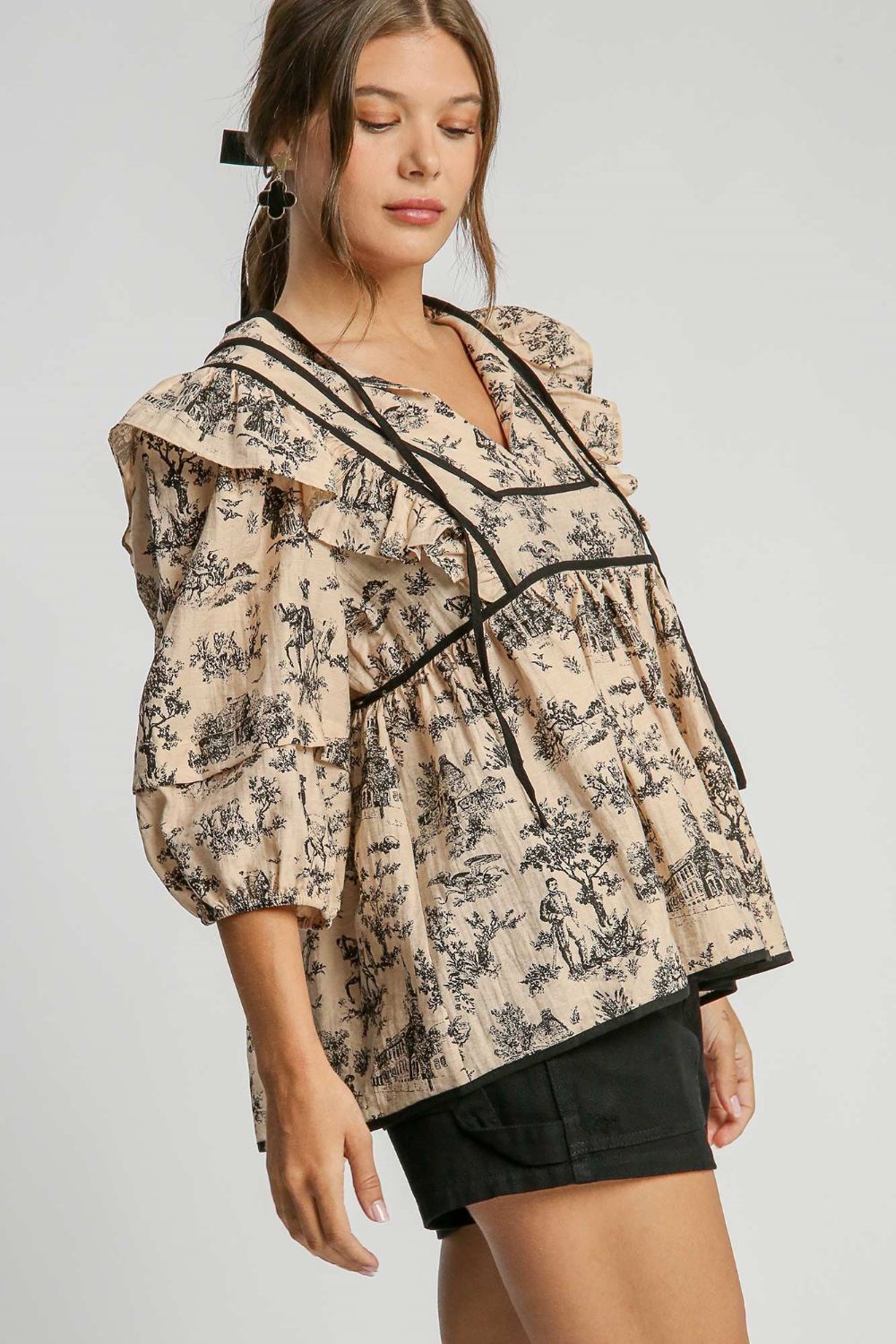 Umgee Ruffled Tie Neck Puff Sleeve Babydoll Blouse Top Umgee Ruffled Tie Neck Puff Sleeve Babydoll Blouse Top