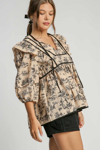 Umgee Ruffled Tie Neck Puff Sleeve Babydoll Blouse Top Umgee Ruffled Tie Neck Puff Sleeve Babydoll Blouse Top