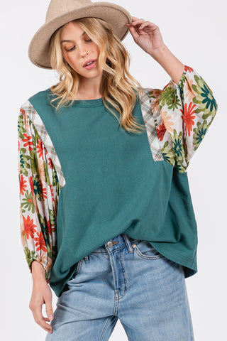 Printed Balloon Sleeve Contrast Top Teal top Printed Balloon Sleeve Contrast Top Teal top