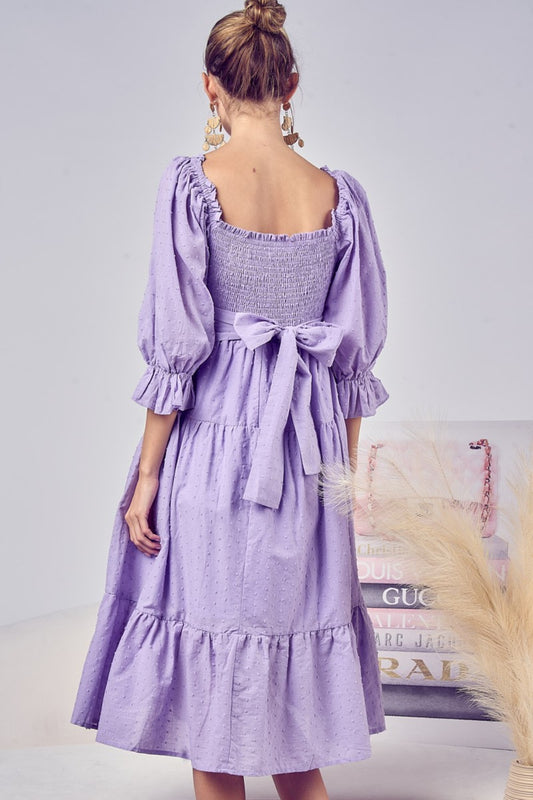 BiBi Swiss Dot Flounce Sleeve Smocked Tiered Midi Dress Dress