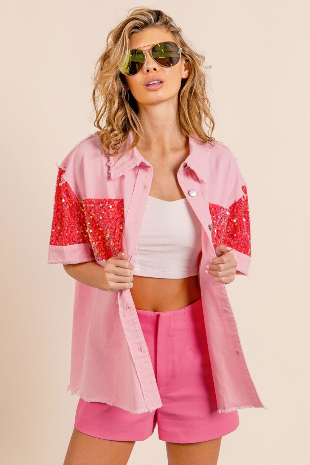 BiBi Sequin Detail Raw Hem Short Sleeve Shirt Shirt BiBi Sequin Detail Raw Hem Short Sleeve Shirt Shirt