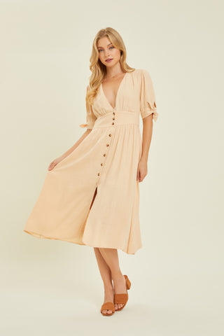 Full Size Textured Linen V-Neck Button-Down Midi Dress Dress Full Size Textured Linen V-Neck Button-Down Midi Dress Dress