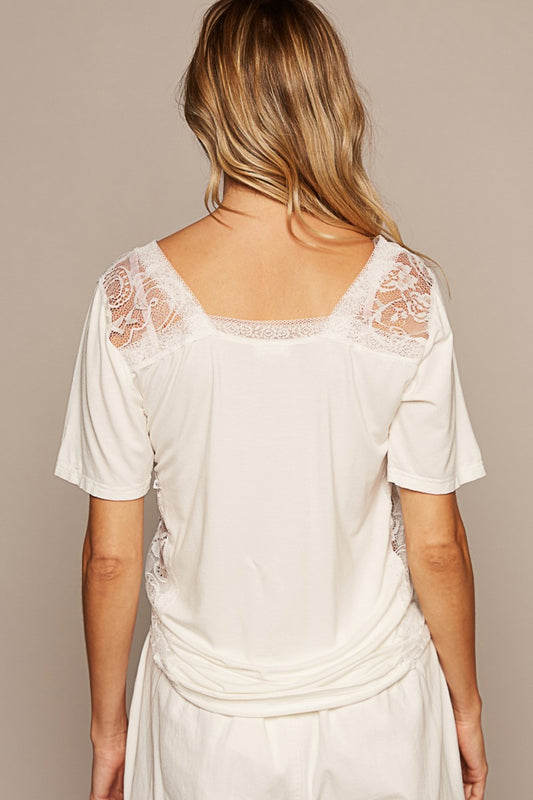 POL V-Neck Short Sleeve Lace Trim Top top