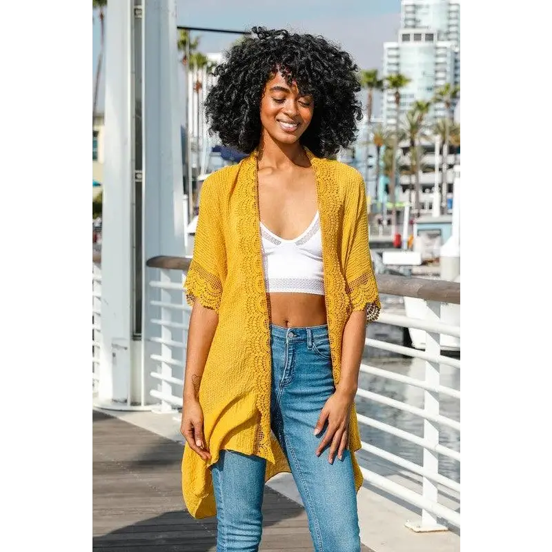 Scallop Lace Trim Kimono Mustard Default Scallop Lace Trim Kimono Mustard Default