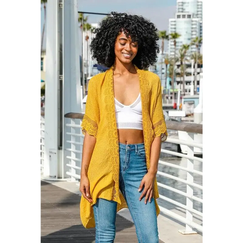 Scallop Lace Trim Kimono Mustard Default Scallop Lace Trim Kimono Mustard Default
