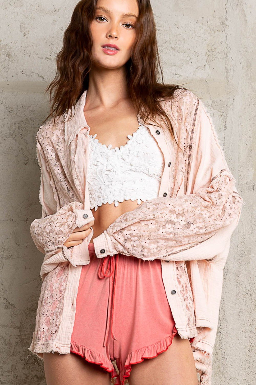 POL Oversize Lace Button-Down Shirt Baby Pink Shirt