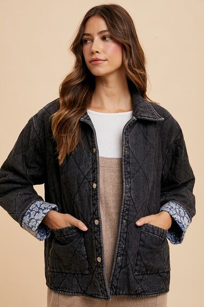 Quilted Printed Lining Snap Down Denim Jacket Black Jacket