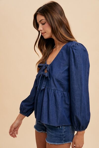 Tie Front Peplum Long Sleeve Denim Top top